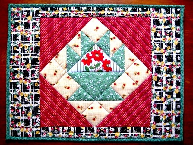 Quilted Placemats, Four Mix & Match Cheery Patchwork Basket Placemats in Red, Yellow, Green, Blue