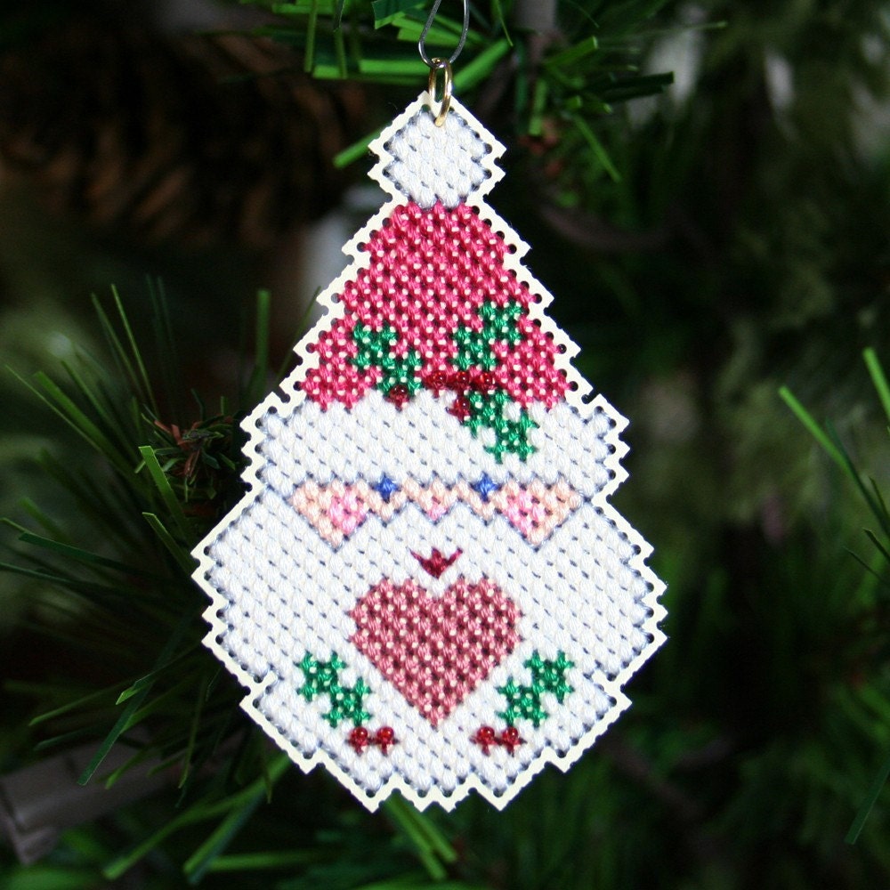 Smiling Santa Holiday Christmas Tree Ornament - Cross Stitched and Beaded - Free Shipping