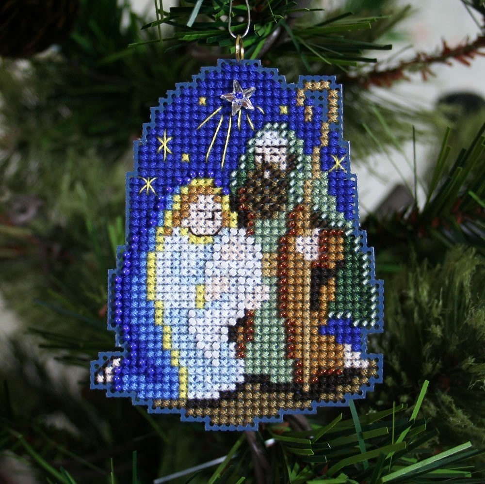 Nativity Cross Stitched and Beaded Holiday Christmas Tree Ornament - Free Shipping