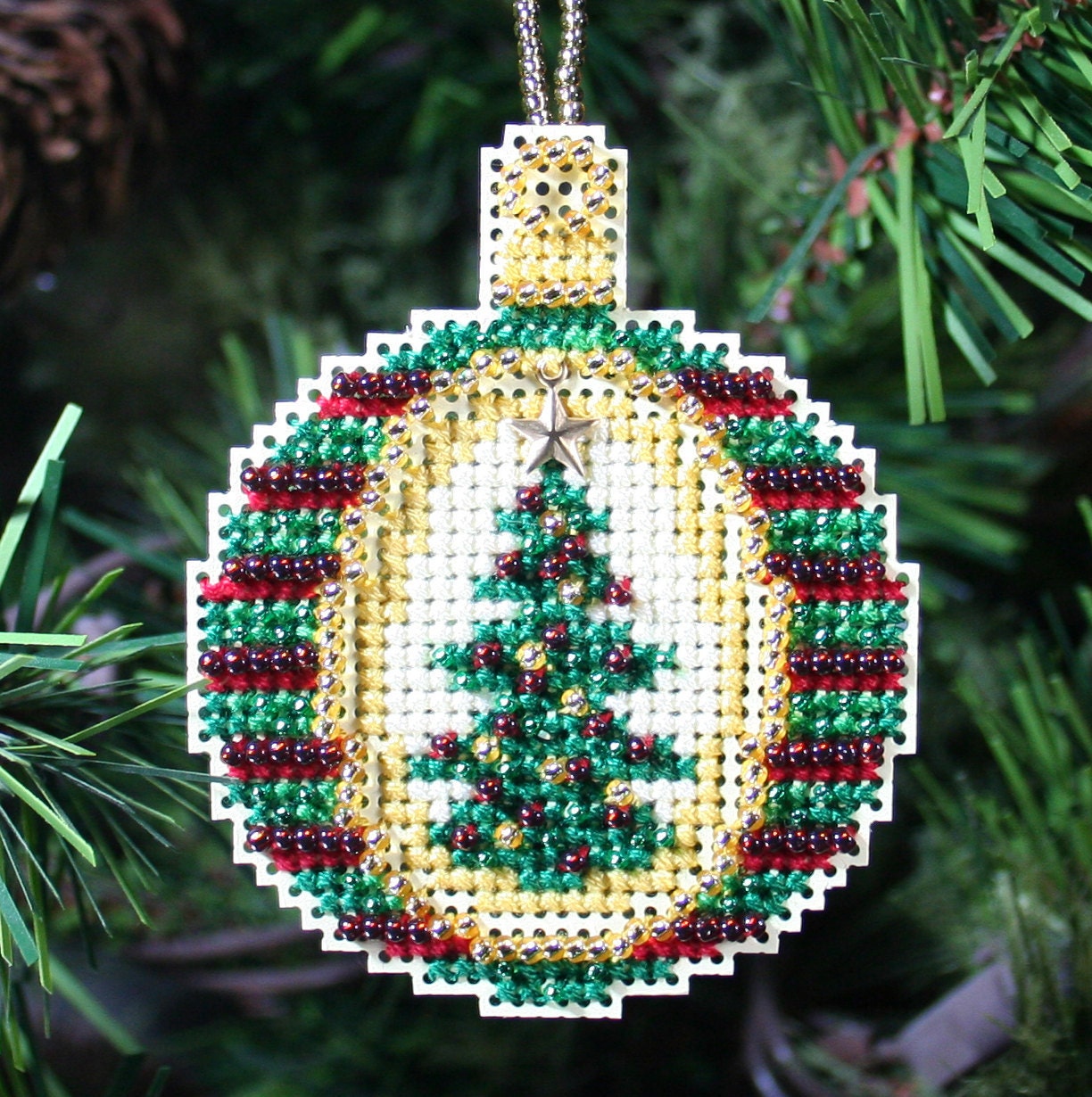Holiday Christmas Tree Ornament - Cross Stitched and Beaded  - Golden Tannenbaum - Free Shipping