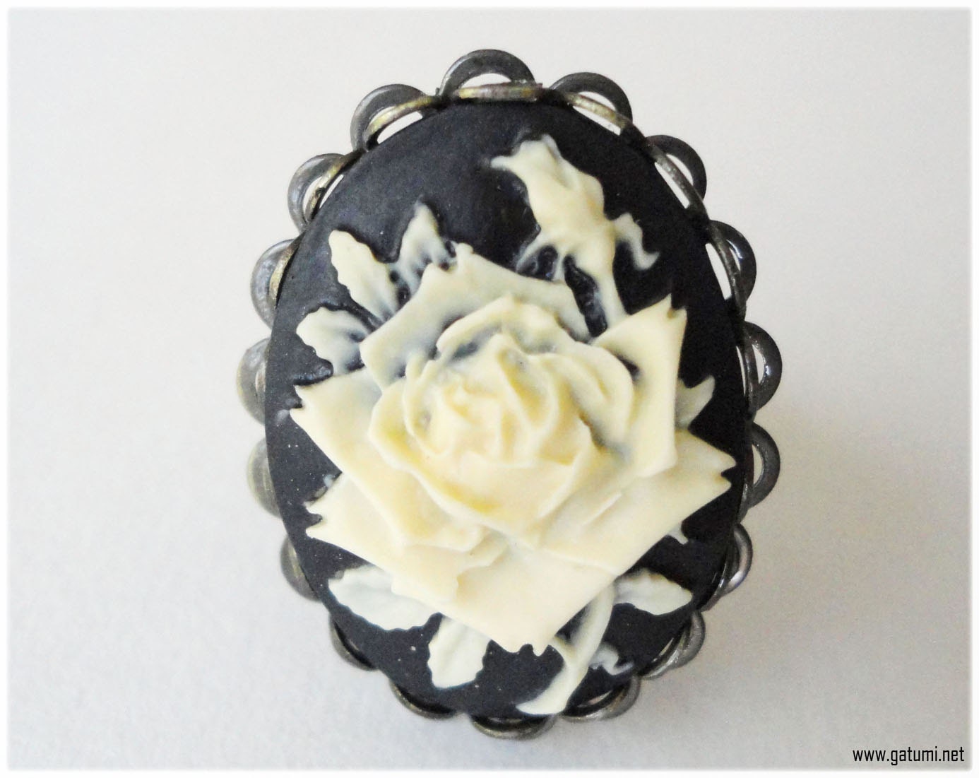Black and White Rose Cameo on Ornate Adjustable Brass Ring - Retro, Victorian