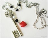 Key to My Heart Necklace, Ornate Silver Plated Key Pendant on Beaded Black and White Chain - Gothic Lolita