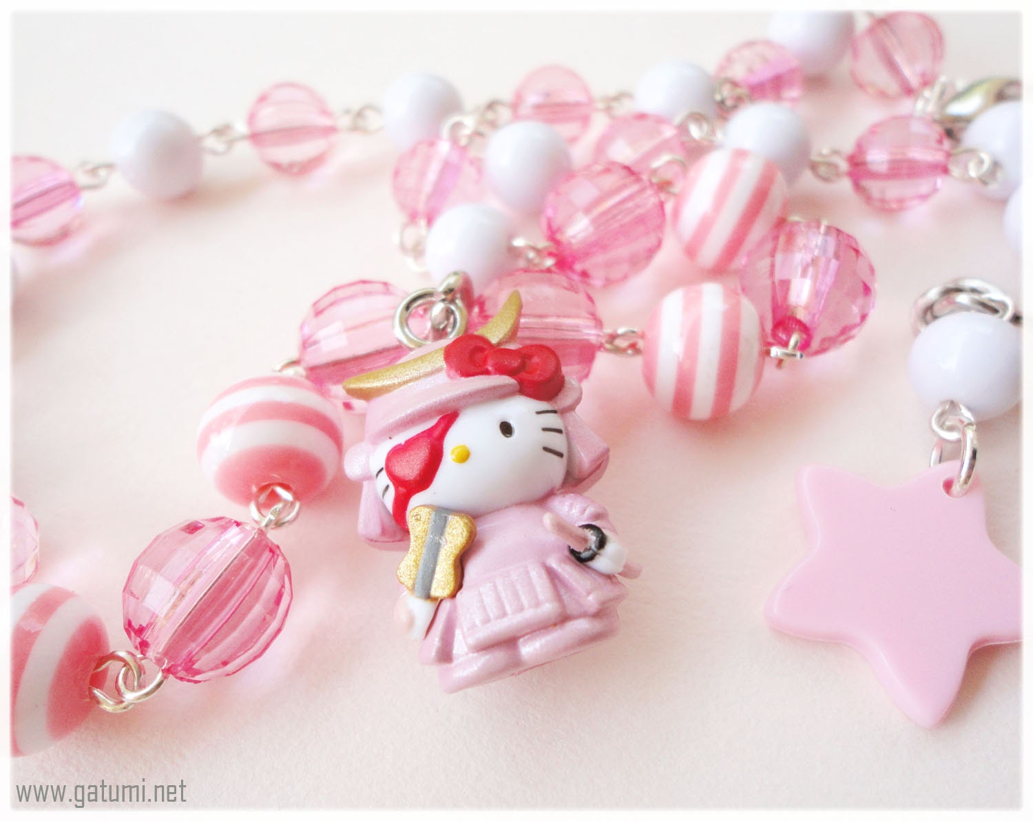Samurai Kitty Necklace, Pastel Pink and White, Silver Plated - Decora, Japan