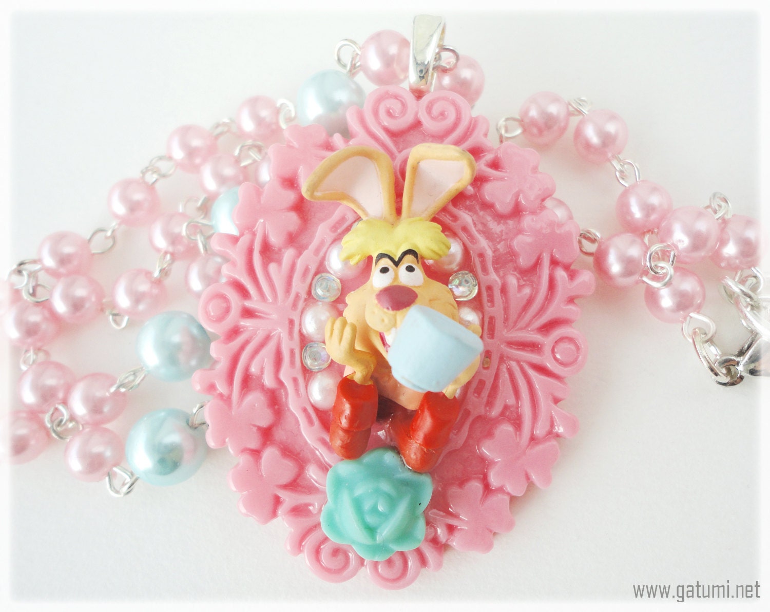 Alice in Wonderland Necklace, March Hare Cameo on Beaded Pastel Pink and Teal Chain in Silver - Sweet Lolita, Kitsch