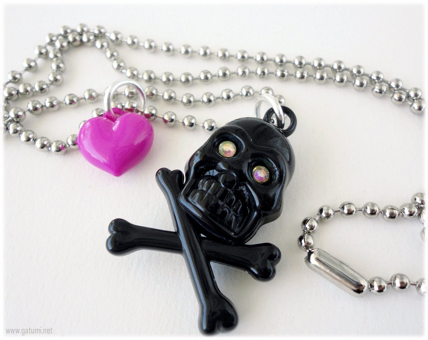 Black Skull Pendant, Pink Heart Charm, Silver Ball Chain - Punk Lolita, Kawaii Jewelry
