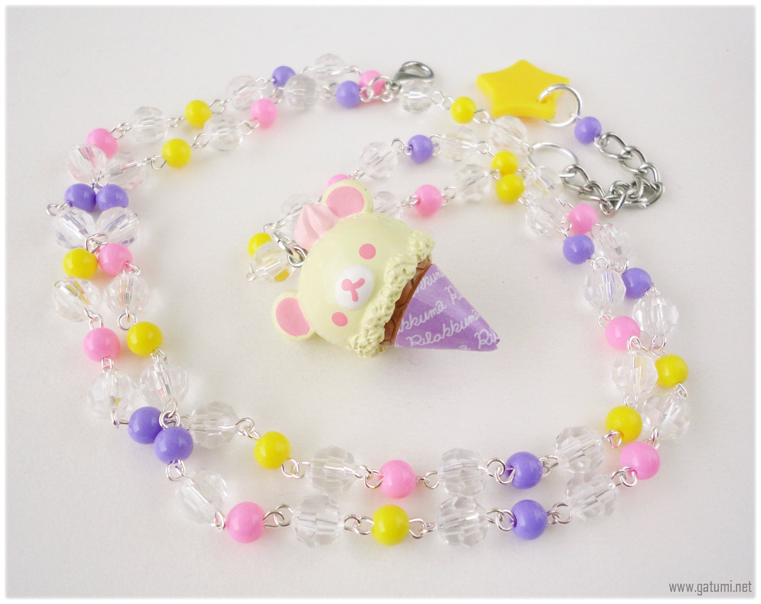 Kawaii Korilakkuma Necklace, Long Beaded Pink Yellow and Lavender Rosary Chain in Silver with Character Pendant in Silver