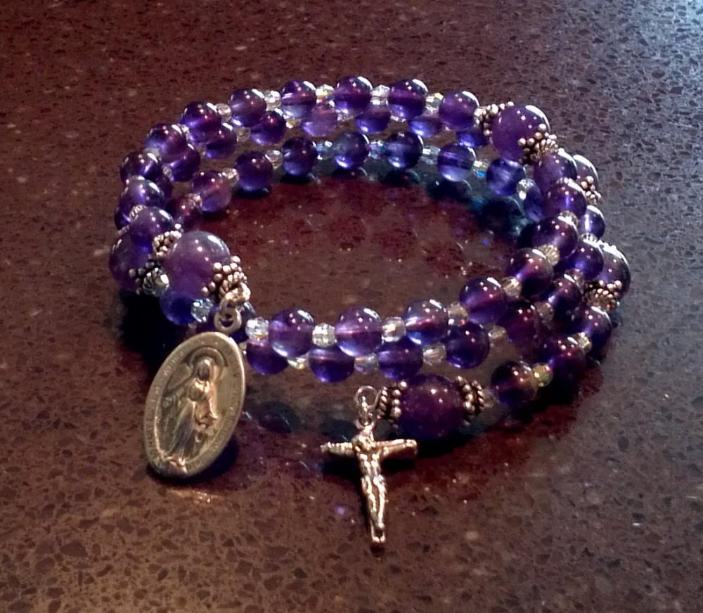 5 Decade Rosary Wrap Bracelet Amethyst Gemstone Sterling Silver Swarovski