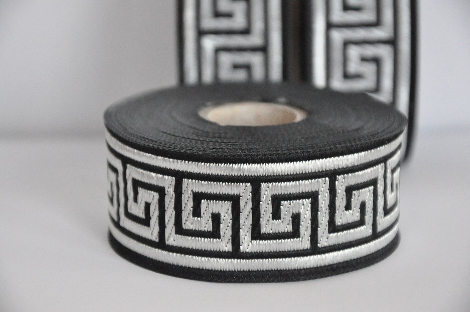 Greek Key Jacquard  Ribbon  Trim  continuous meters Black and silver    35mm