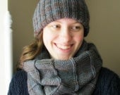 Hand knit womens neck warmer and hat set - knit cowl, wool, grey