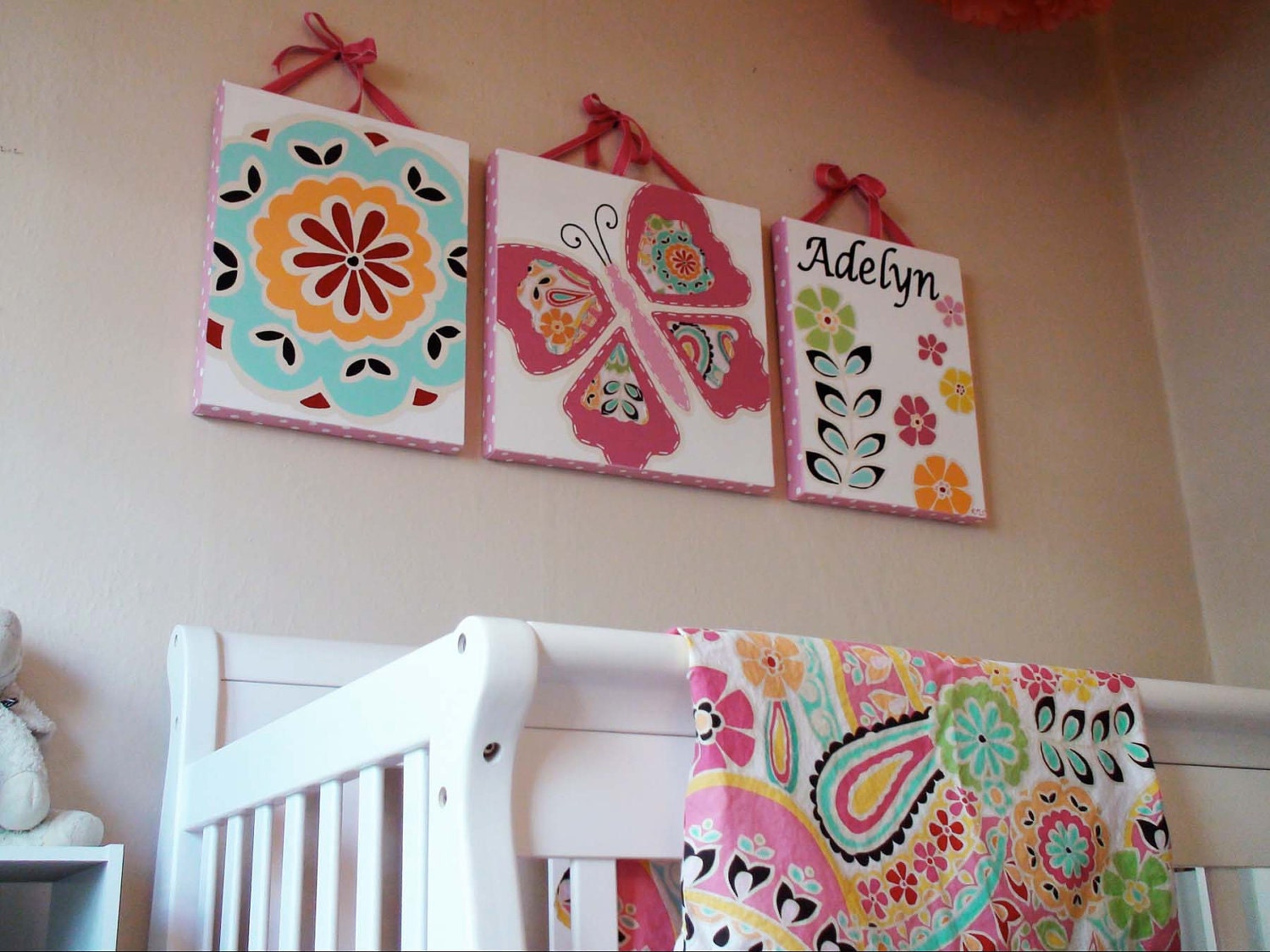 Set of 3 Butterfly & Flowers Canvas to Match Petite Paisley - 46 x 18 Total Size - Original Painting With Hand-Stitched Fabric