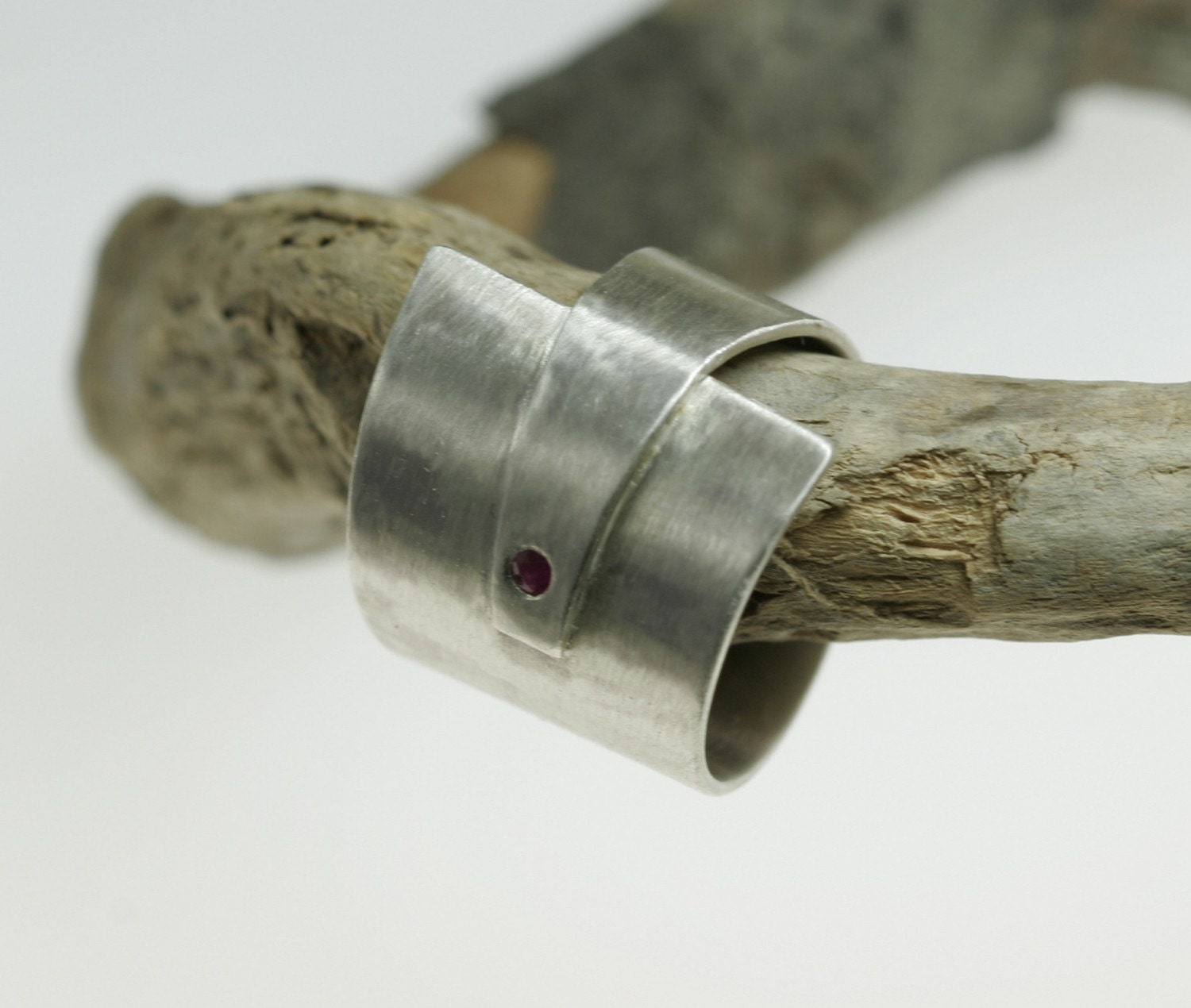 Silver Wraparound Band Ring with Ruby Modern Industrial Chic