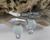 Silver Pearl Earrings with Pale Green Chalcedony Metallic Unique Original Earrings
