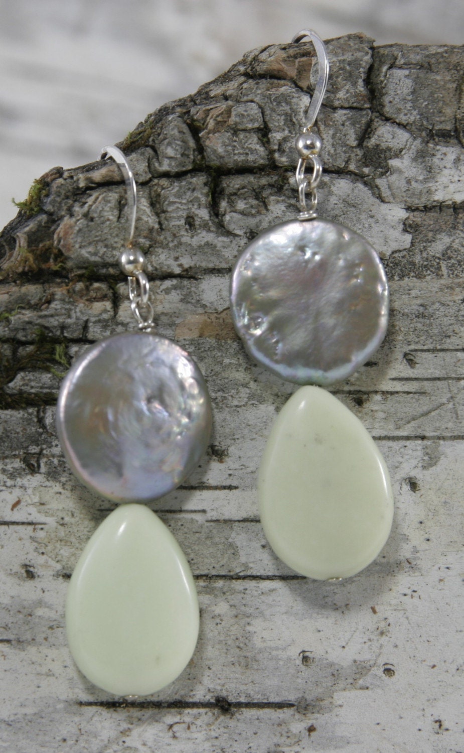Pearl Earrings Silver  Lemon Chrysoprase and Iridescent Coin Pearl