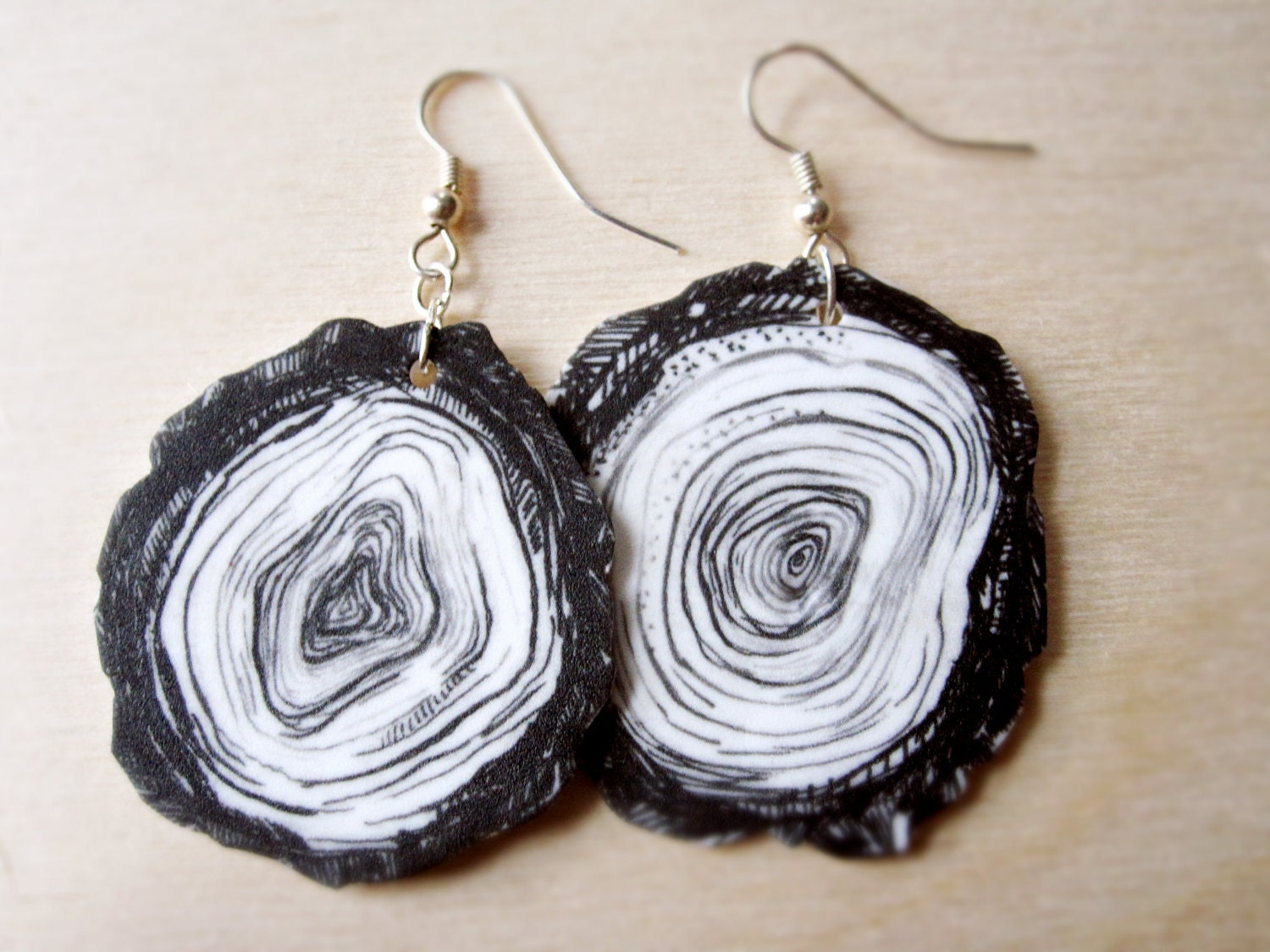 Wood Slice Dangle Earring - Lightweight Black and White Plastic - Original Nature Drawing