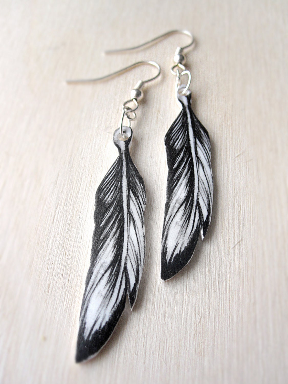 Small Feather Dangle Earring -  Lightweight Black and White Plastic - Original Nature Drawing