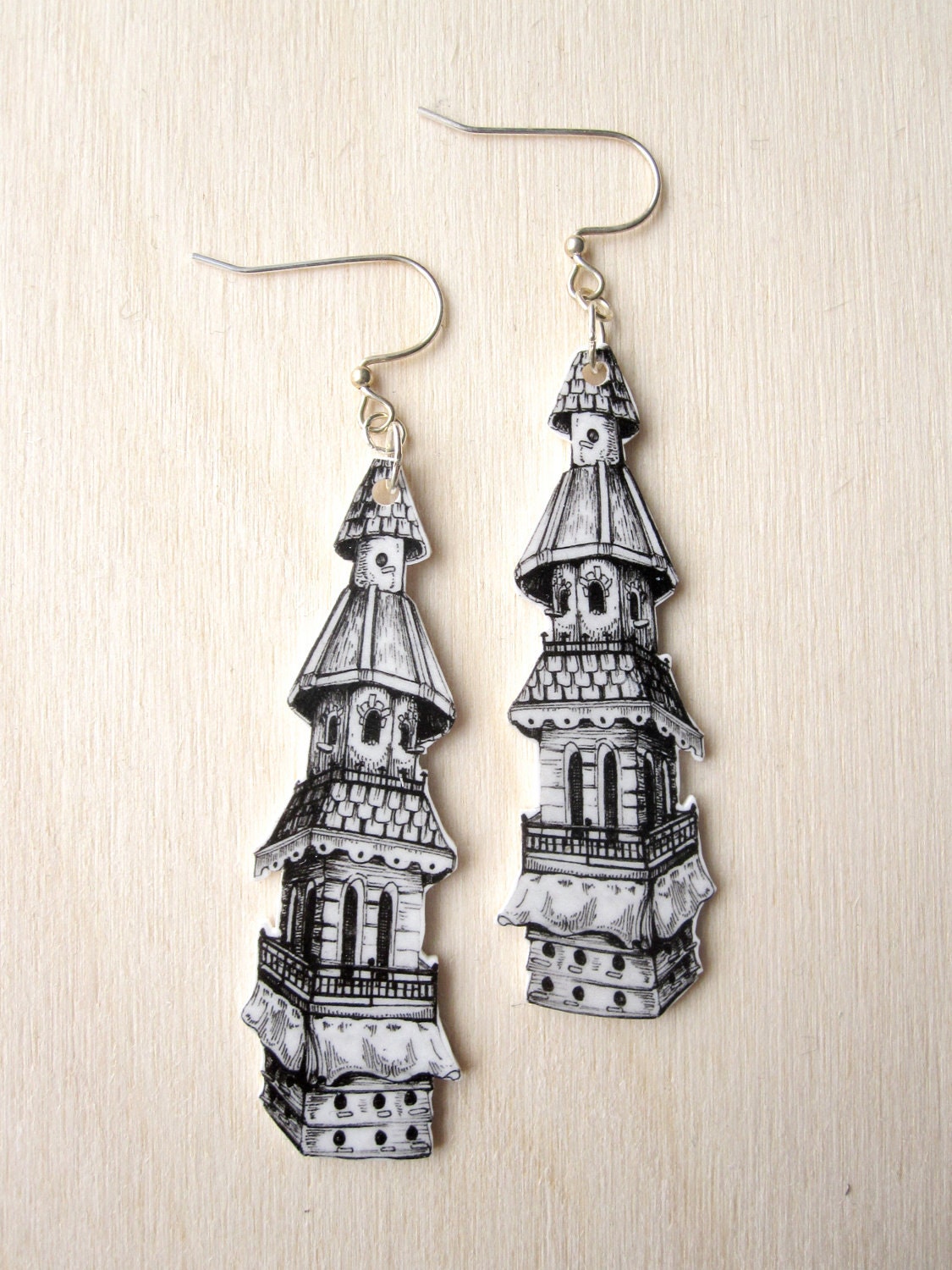 Victorian Style Birdhouse Dangle Earring -  Lightweight Black and White Plastic - Original Drawing