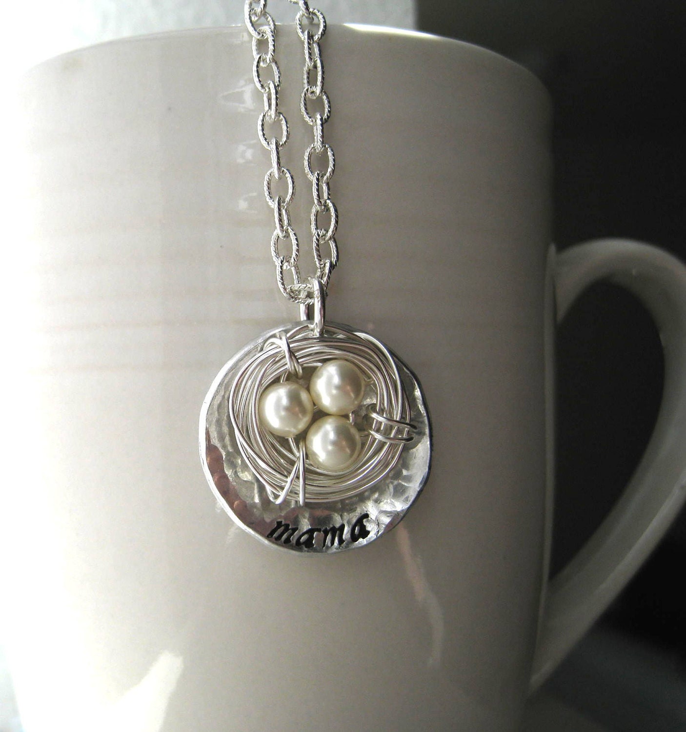 Sterling Silver Filled Nest Mother's Necklace  - Pearls Personalize children stamped stamp mom mother custom engraved personalized