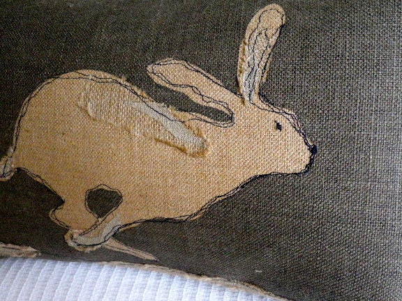 handprinted rustic hessian hare cushion  cover with applique detailing
