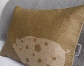 hand printed  natural rustic hessian piggy cushion