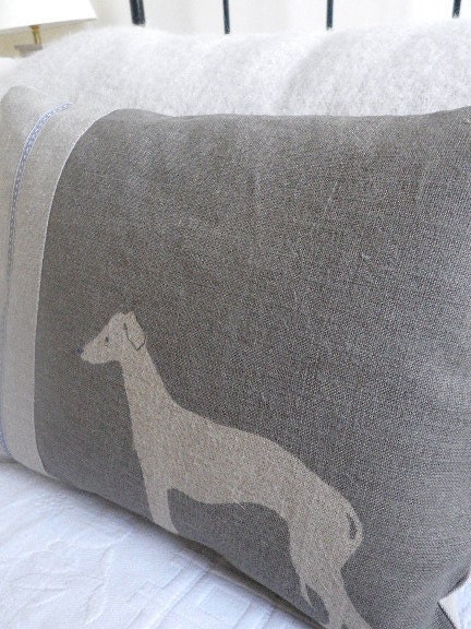 hand printed grey loom state linen whippet/grey hound cushion