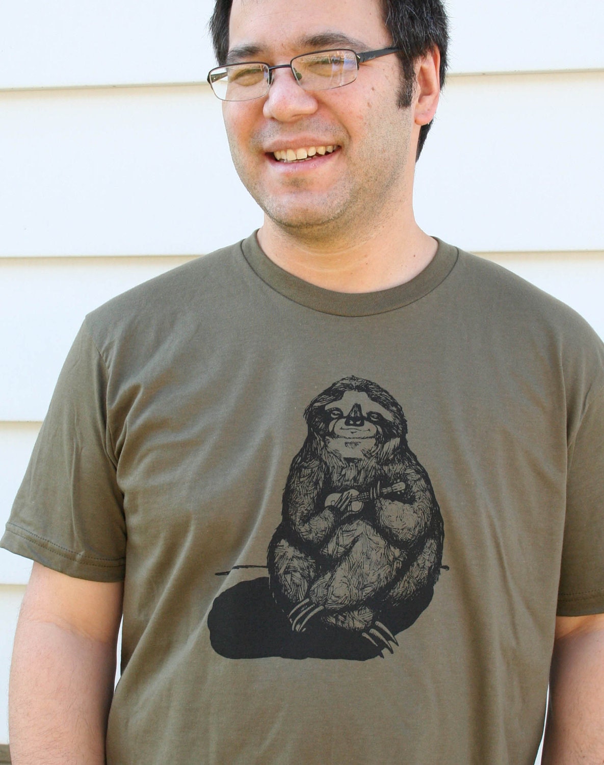Sloth Playing the Ukulele Hand Drawn Design on American Apparel Army Green Tee for Men