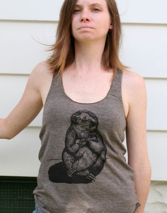 Sloth Playing the Ukulele Hand Drawn Design on American Apparel Tri-Coffee RacerBack Tank  for Women