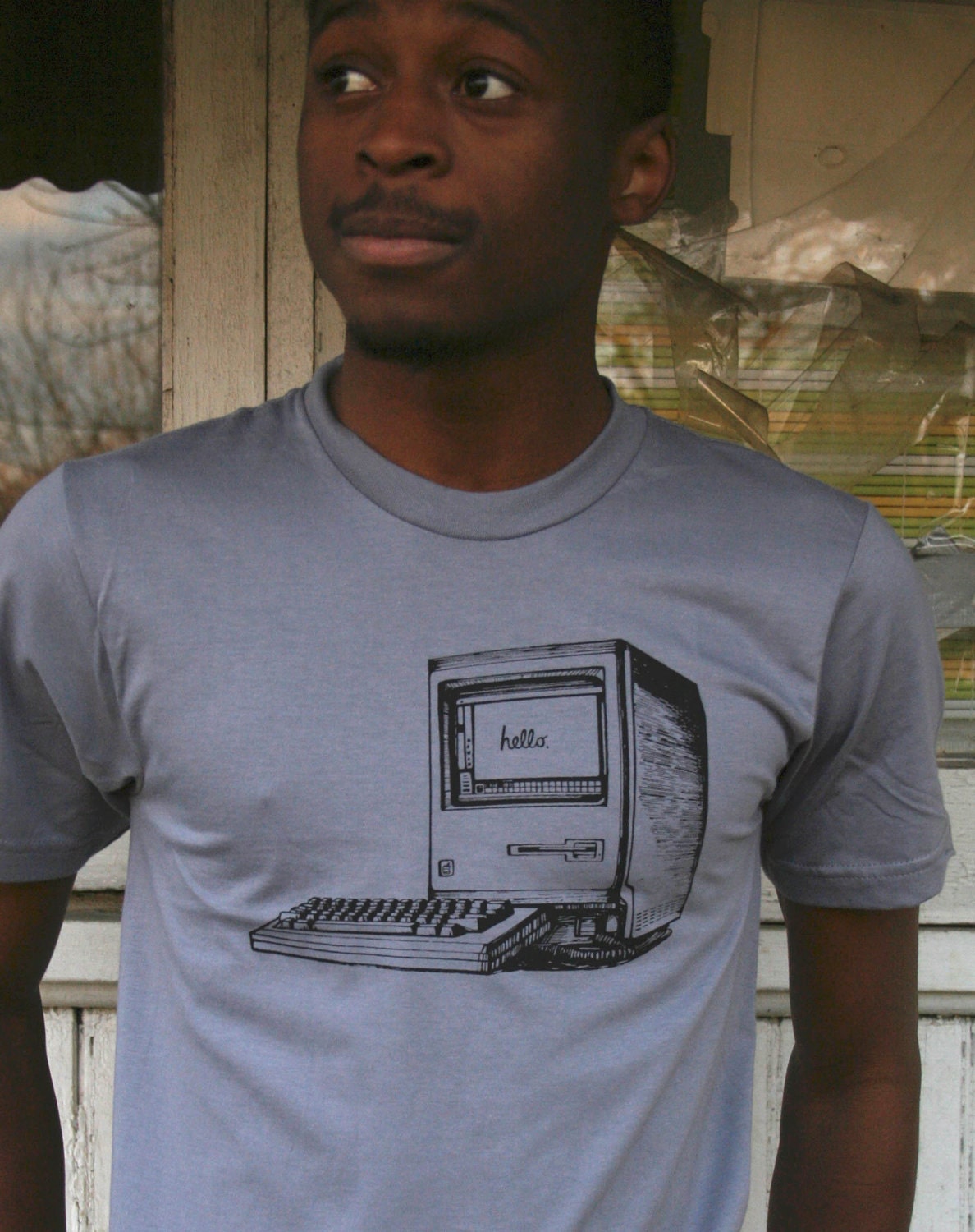 Old School imac Computer Hand Drawn Design on Men's American Apparel Slate Tee