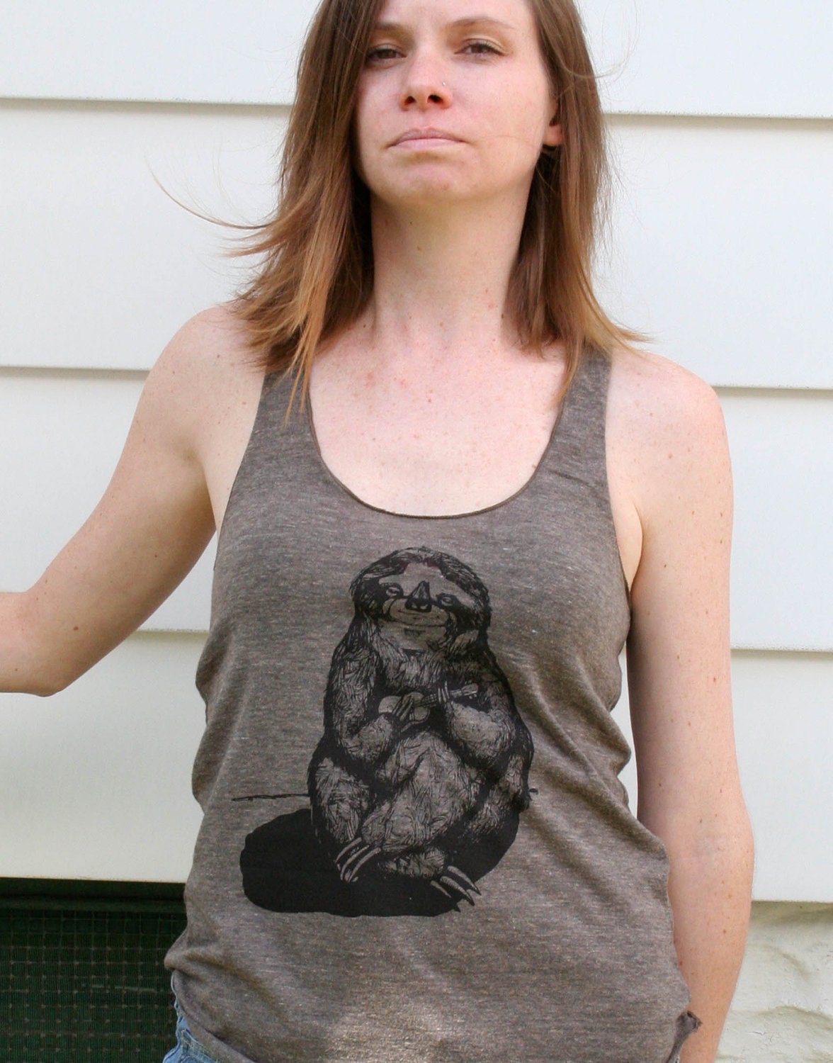 Sloth Playing the Ukulele Hand Drawn Design on American Apparel Tri-Coffee RacerBack Tank  for Women