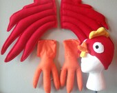 Full CHICKEN COSTUME. Hat, Wings, Feet. Red, Orange Bird. Original design.
