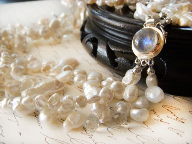 Multi Strand Pearl Necklace - Statement Biwa Stick Pearl Necklace - Triple Strand Keshi Pearl Bridal Beach Wedding Jewelry