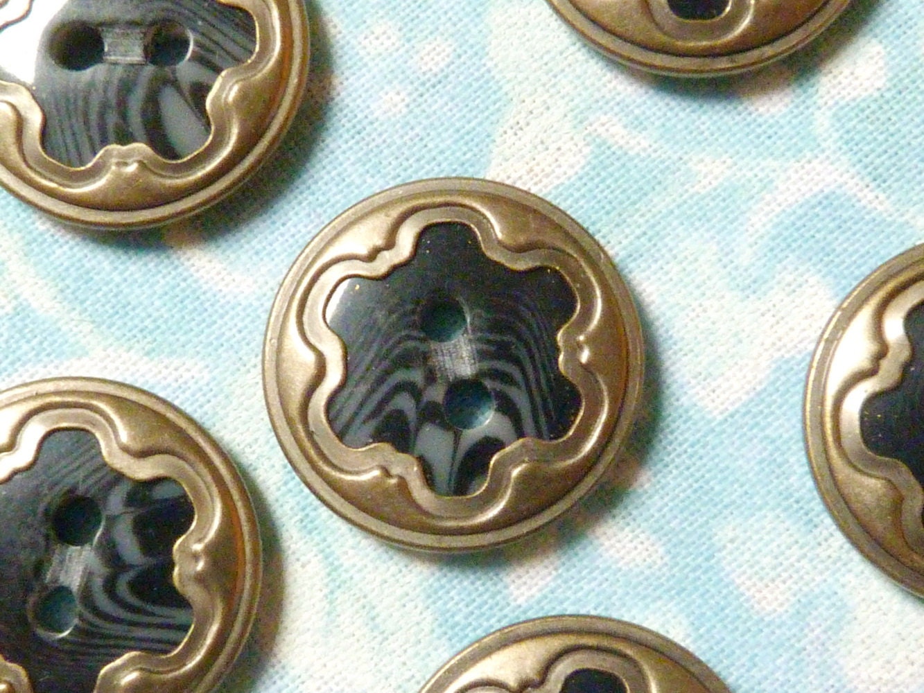 Steampunk Victorian Black Grey Swirls With  Brass Colored Frame Buttons (Set Of 6)