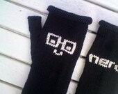 Black Fingerless Gloves - Cute Nerd Geek Chic Fingerless Mittens / Mitts - Nerd Glasses