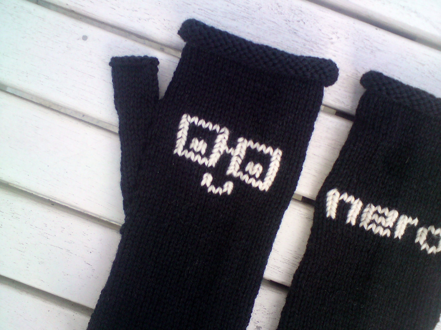 Black Fingerless Gloves - Cute Nerd Geek Chic Fingerless Mittens / Mitts - Nerd Glasses
