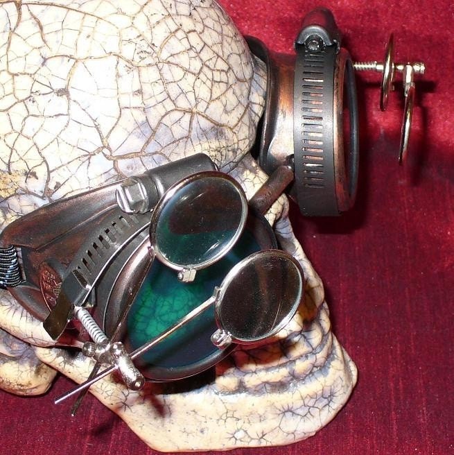 Steampunk Goggles Glasses AVIATOR magnifying lens loops---RARE-----Time Travel Crazy Scientist's Oculo-Vision Tool