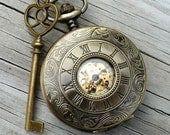 Alice in Wonderland Steampunk pocket watch key pendant charm necklace locket