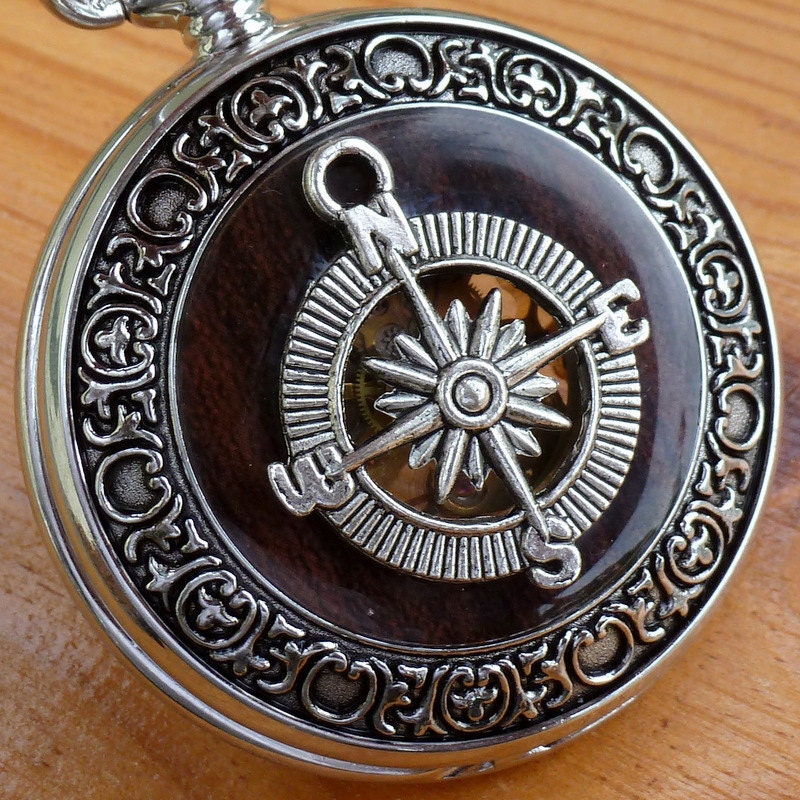 Steampunk Victorian Compass pocket watch nautical pirate pendant charm necklace locket wedding