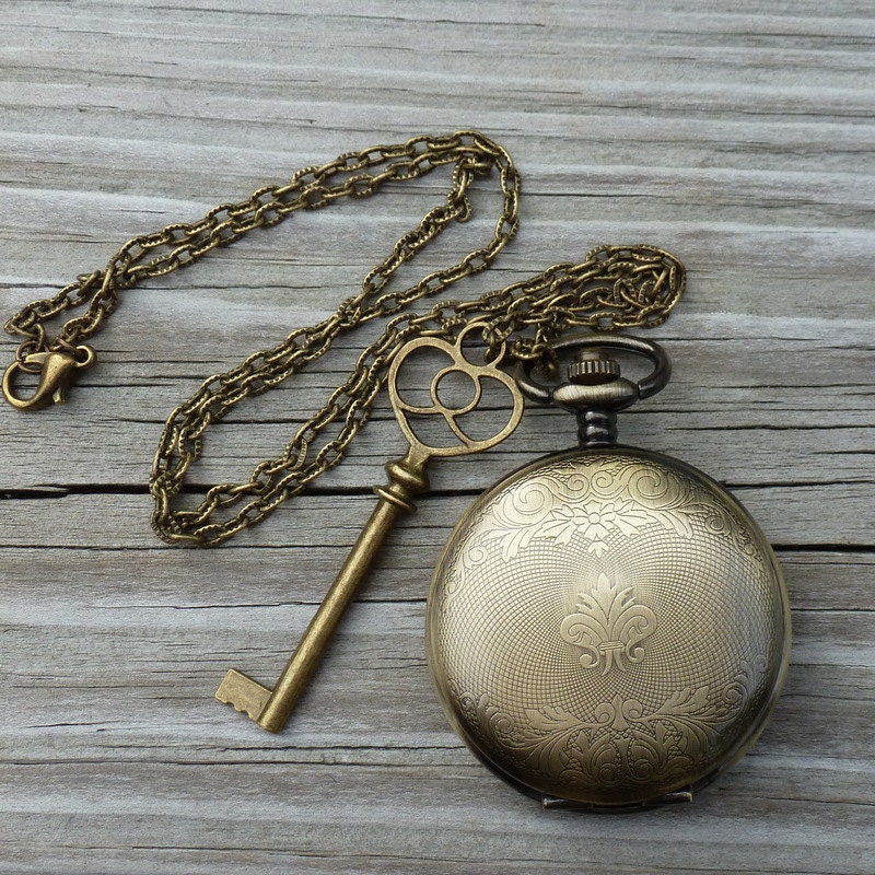 Alice in Wonderland Steampunk pocket watch key pendant charm necklace locket