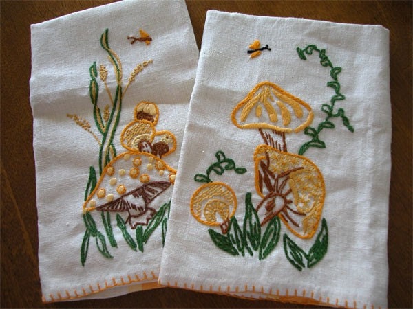 Set of Two Retro 70s Embroidered Mushroom Linen Towels
