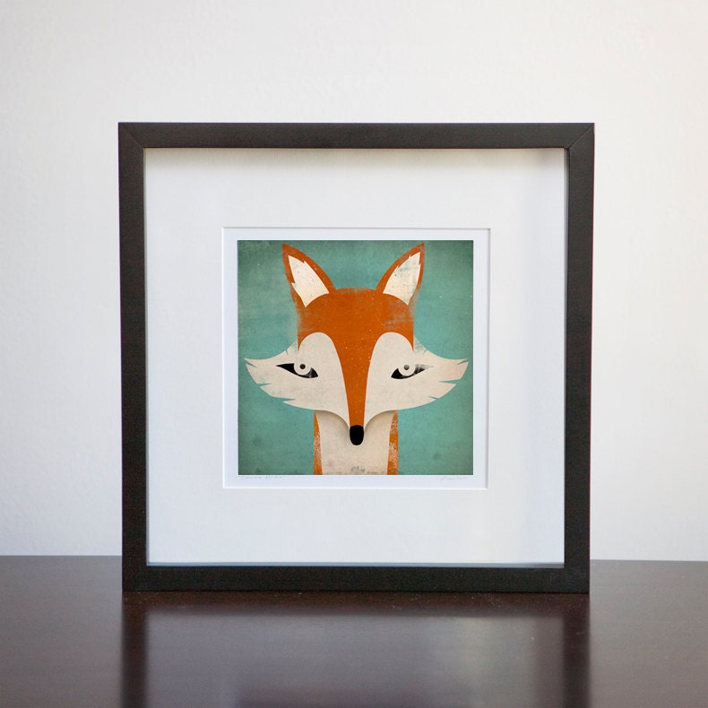 Mister Fox Custom Framed Giclee Print 13x13 Wood Frame Signed by artist