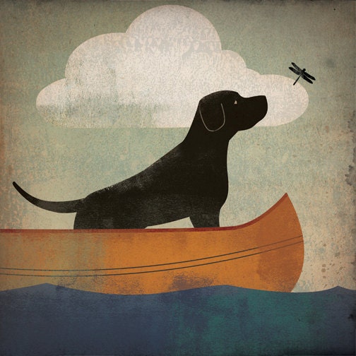 BLACK (Brown, Red and Yellow too) DOG Canoe Ride original illustration Giclee Print 12x12 Signed Labrador Retriever