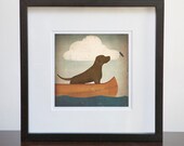 Brown Dog Canoe Ride Custom Framed 5x5 Giclee Print 10X10 Wood Frame Chocolate Lab