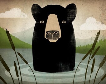 Black Bear Swim illustration 7x9 Giclee PRINT Signed