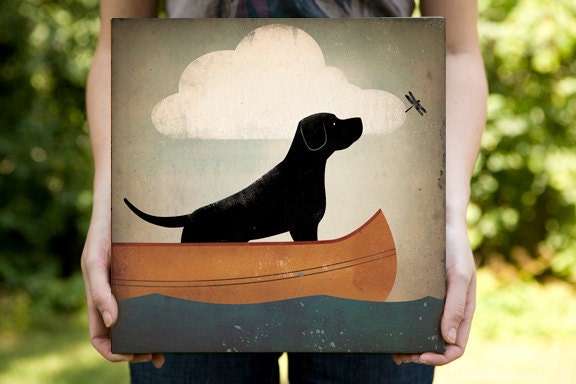 Black Dog (Yellow, Brown, Red, too) Canoe Company Gallery Wrapped Canvas 12x12x1.5 Signed and Dated Labrador Retriever wall art