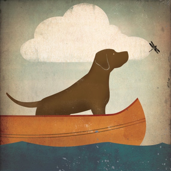 CANOE RIDE Chocolate Lab 16 x 16 inch Giclee Print SIGNED by Ryan Fowler