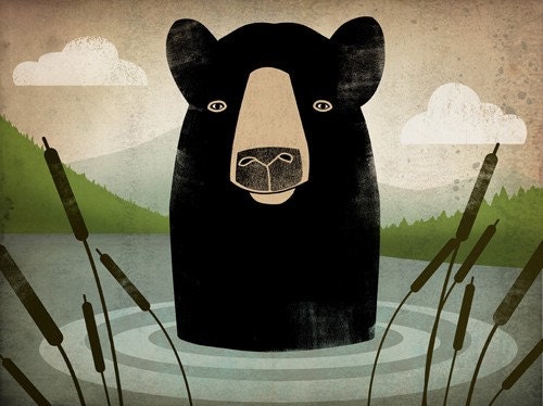 Black Bear Swim illustration 7x9 Giclee PRINT Signed