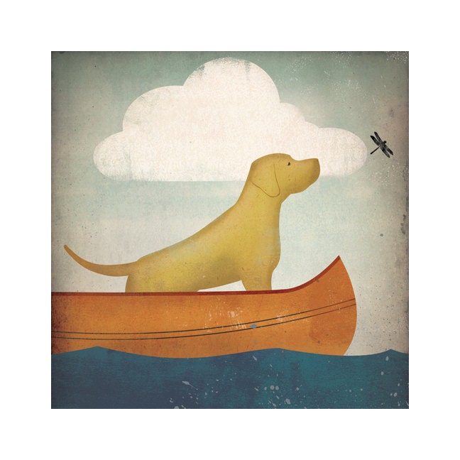CANOE RIDE Yellow Lab Dog 12 x 12 inch Giclee Print SIGNED by Ryan Fowler