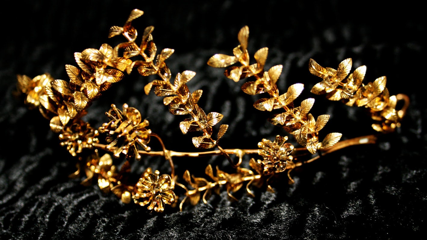 Art Noueau Tiara Corsage Antique Boutonniere Gold Metal Wedding Garland Grecian Bridal Goddess Headdress Myrtle Flowers