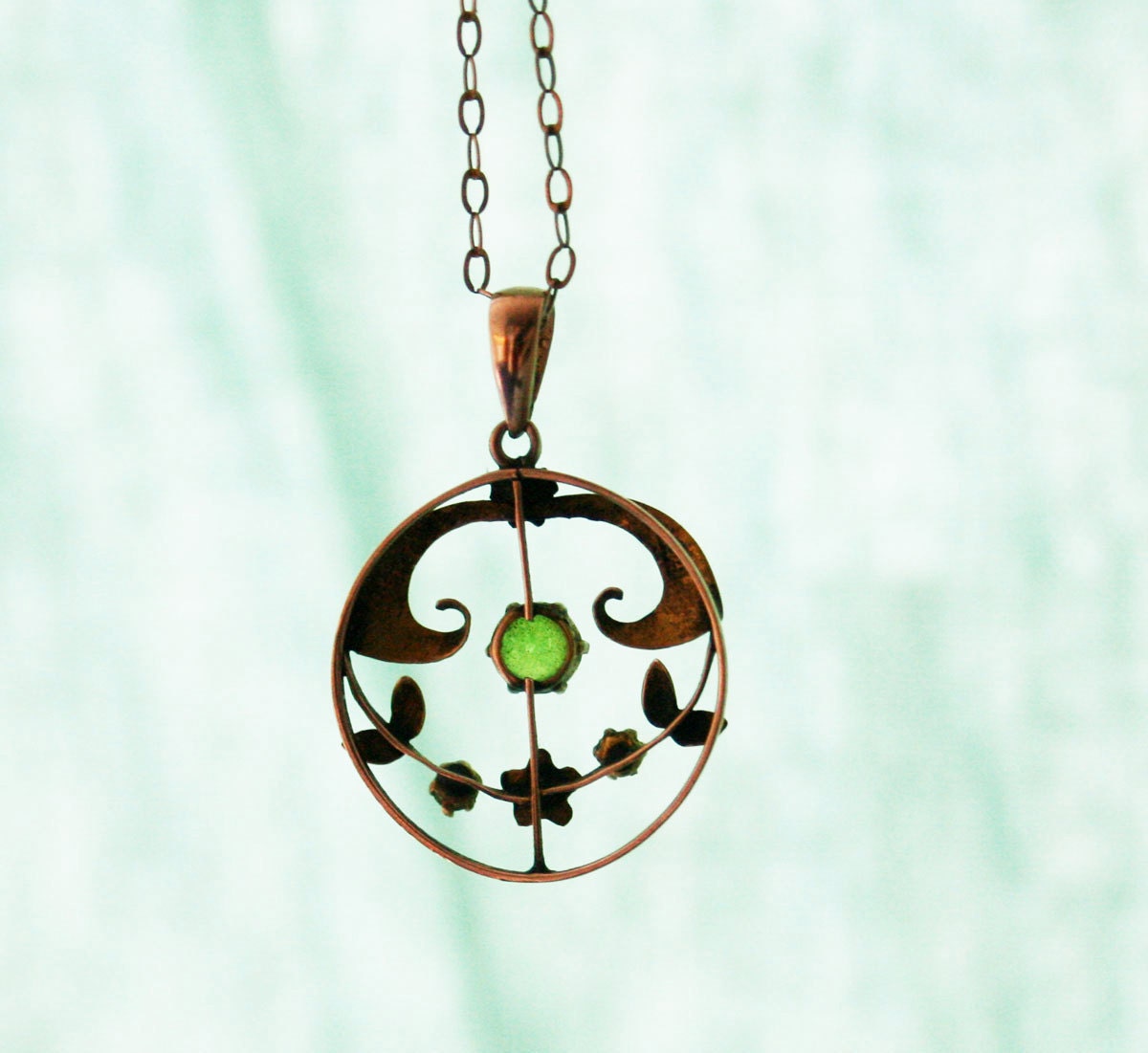 Art Nouveau Peridot 9ct Rose Gold Antique Pendant Chain Green Necklace English Late Victorian Edwardian 1900 Bridal Bridesmaid