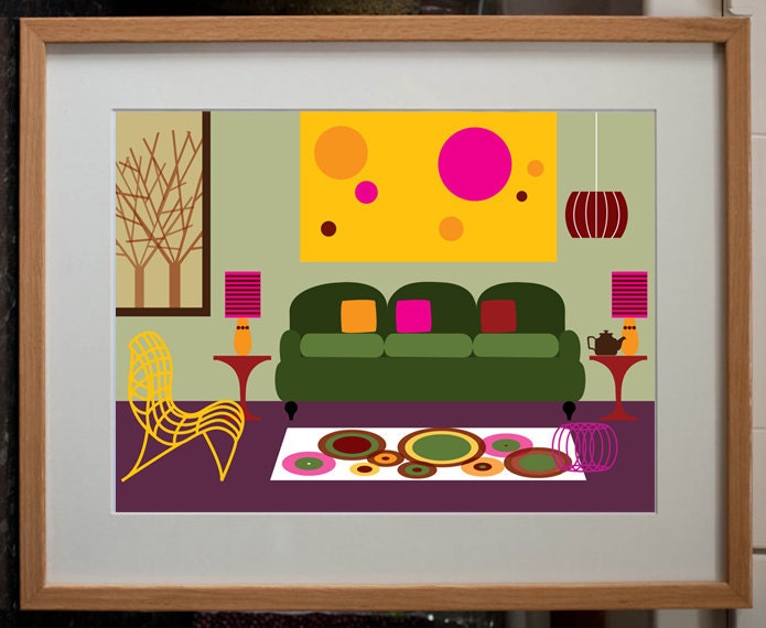 Retro Living Room Interior - Digital Art Print