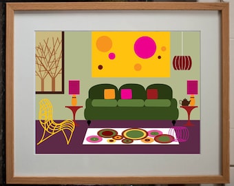 Retro Living Room Interior - Digital Art Print